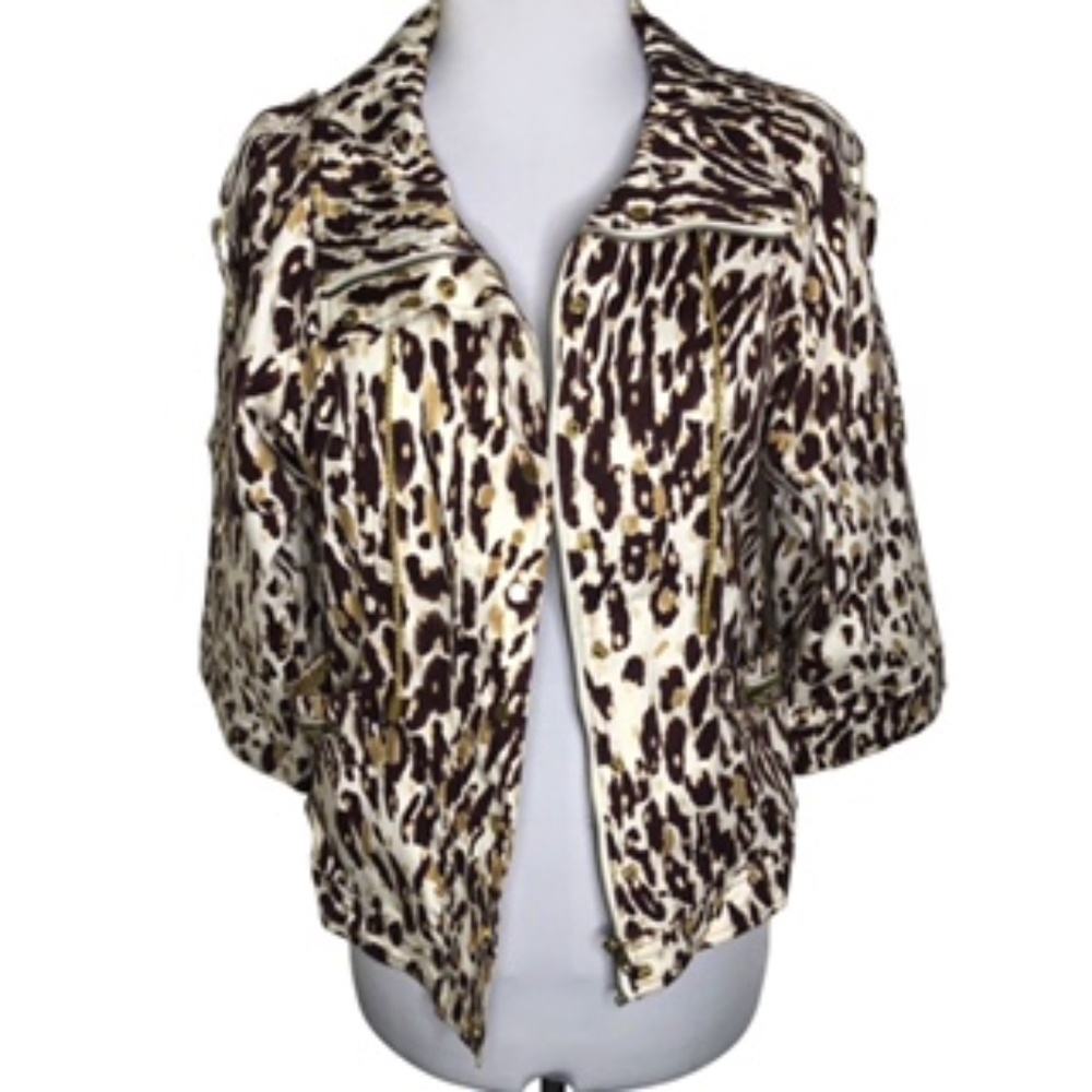 Just B Zip/Snap Drawstring Collar Animal Print Wide Sleeve Jacket Size L - Picture 2 of 12